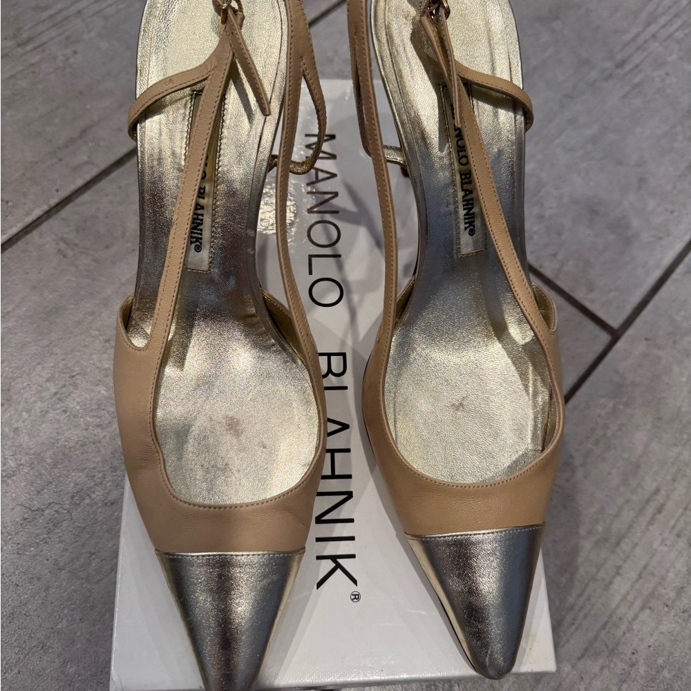 Manolo Blahnik Nude and Silver Pointed-Toe Slingback Heels - Picture 4 of 16